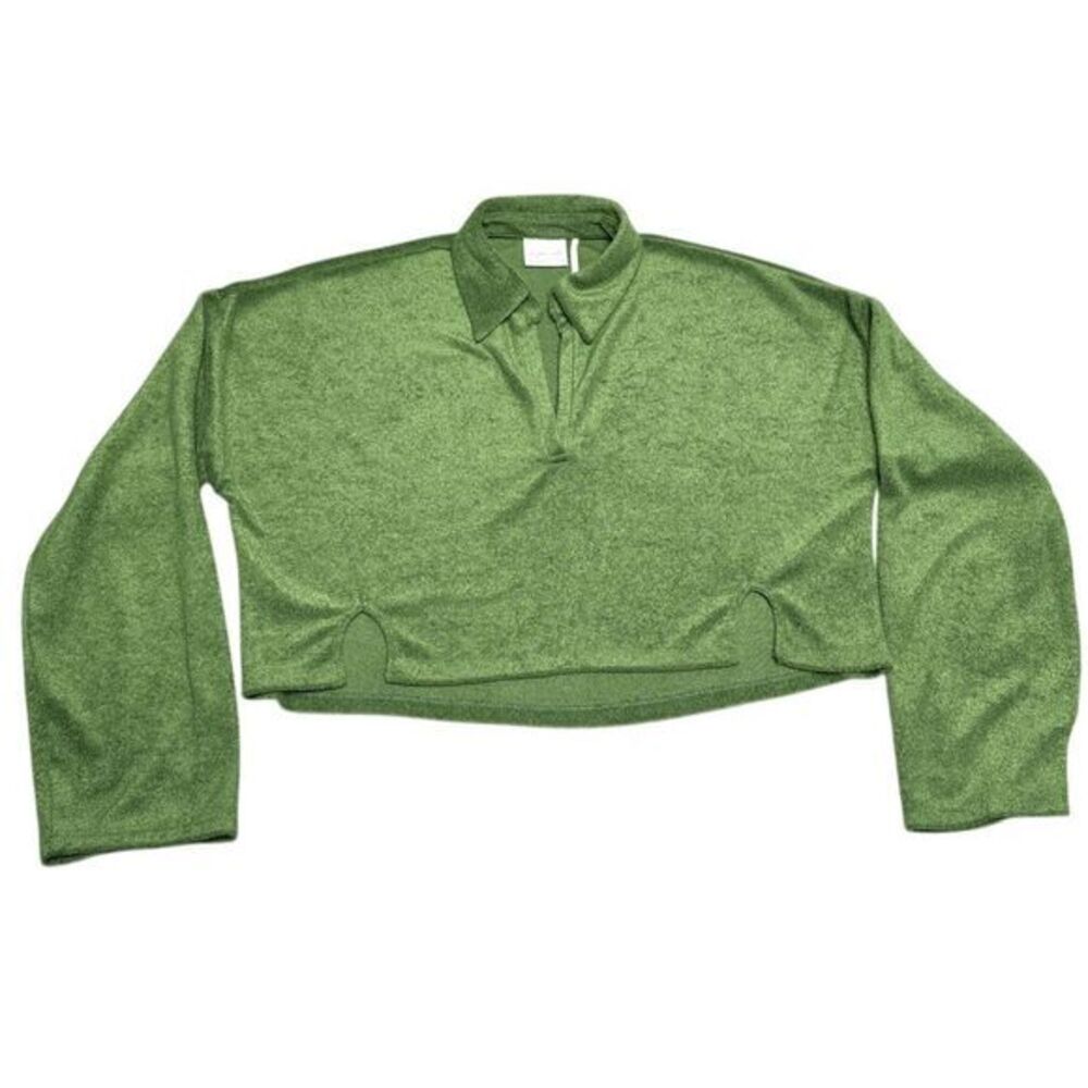 Out From Under Cropped Collared Top size XS Towel Knit Long Sleeve Emerald Green